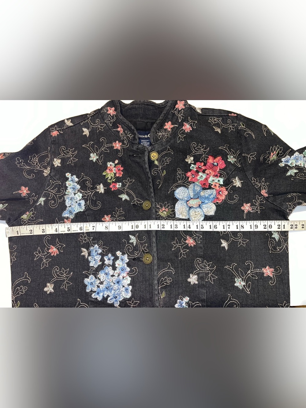 Denim & Co Beautiful Floral Embroidered Black Jean Jacket - Picture 9 of 16